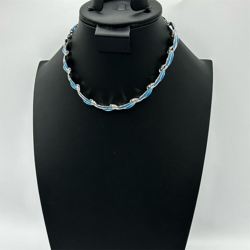 Vintage Coro Silver Tone Blue Enamel Leaf Necklace 1950s Women's Chain